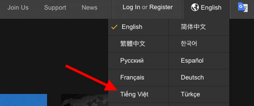 Chọn đăng ký Binance với tiếng Việt.